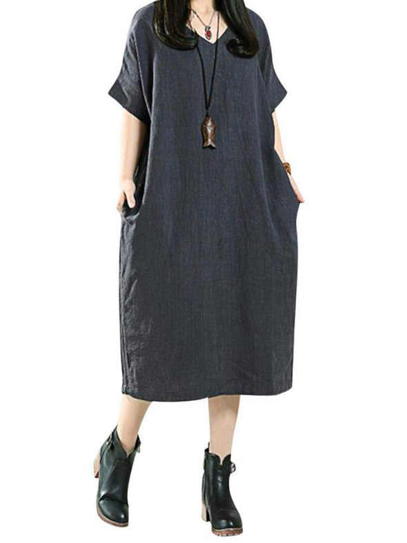 Casual Women Pure Color V-Neck Summer Short Sleeve Loose Dresses