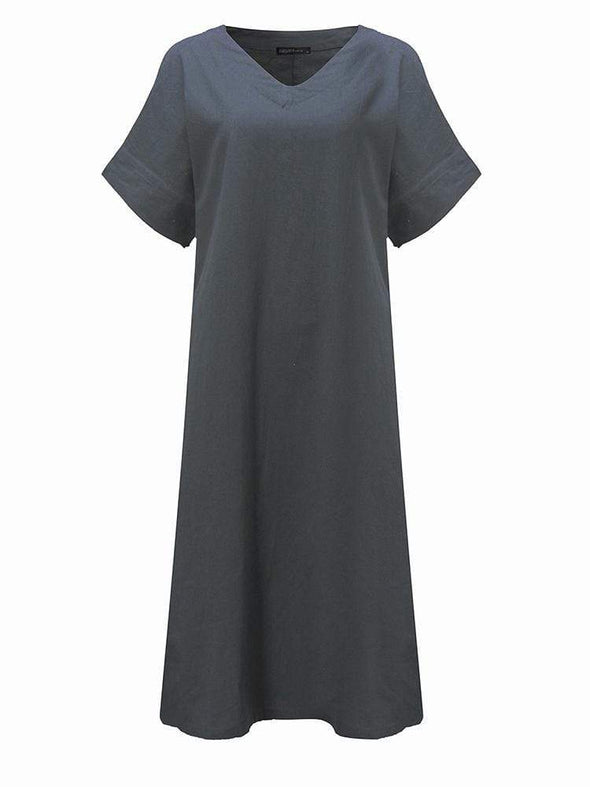 Casual Women Pure Color V-Neck Summer Short Sleeve Loose Dresses