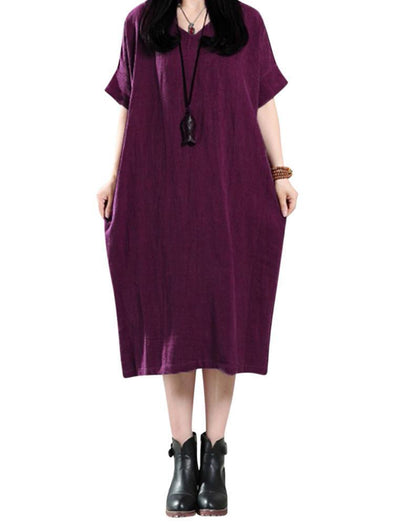 Casual Women Pure Color V-Neck Summer Short Sleeve Loose Dresses