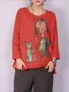 M-5XL Cartoon Cat Print Long Sleeve Loose Casual T-shirts for Women