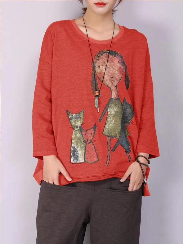 M-5XL Cartoon Cat Print Long Sleeve Loose Casual T-shirts for Women