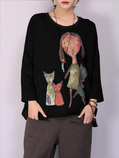 M-5XL Cartoon Cat Print Long Sleeve Loose Casual T-shirts for Women