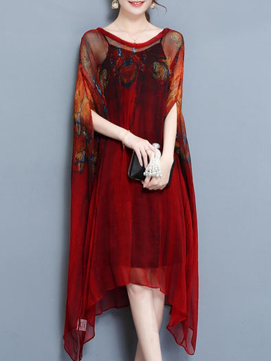 Elegant Two Piece Batwing Sleeve Printed Irregular Hem Dress for Women