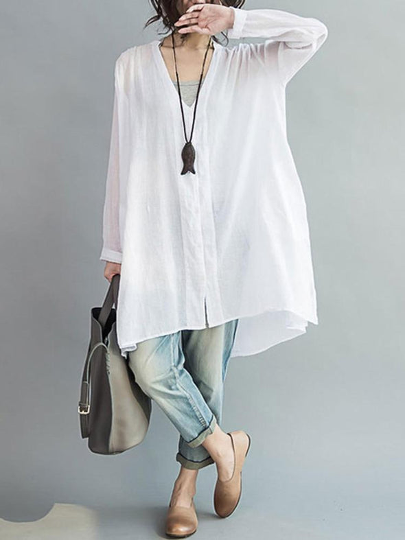 Loose Women Button Solid Cotton Linen Long Sleeve T-shirts