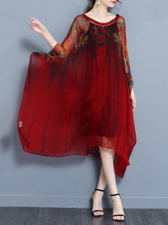 Elegant Two Piece Batwing Sleeve Printed Irregular Hem Dress for Women