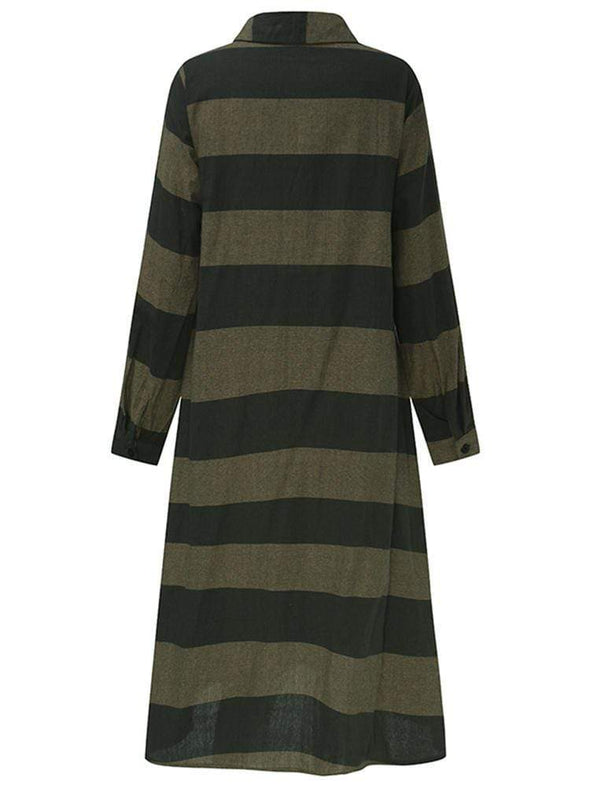 Casual Women Long Sleeve Striped Turndown Collar Shirt Dress