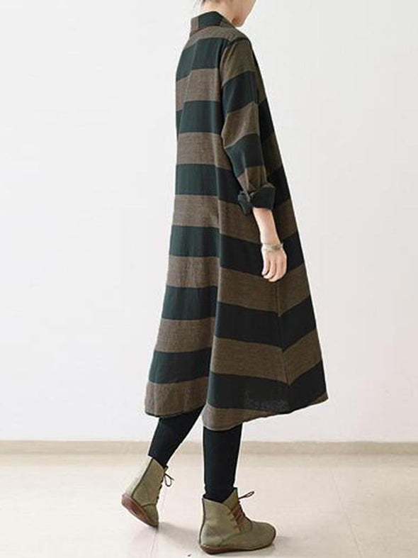 Casual Women Long Sleeve Striped Turndown Collar Shirt Dress