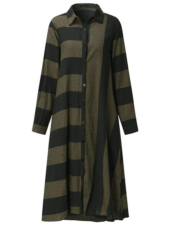 Casual Women Long Sleeve Striped Turndown Collar Shirt Dress