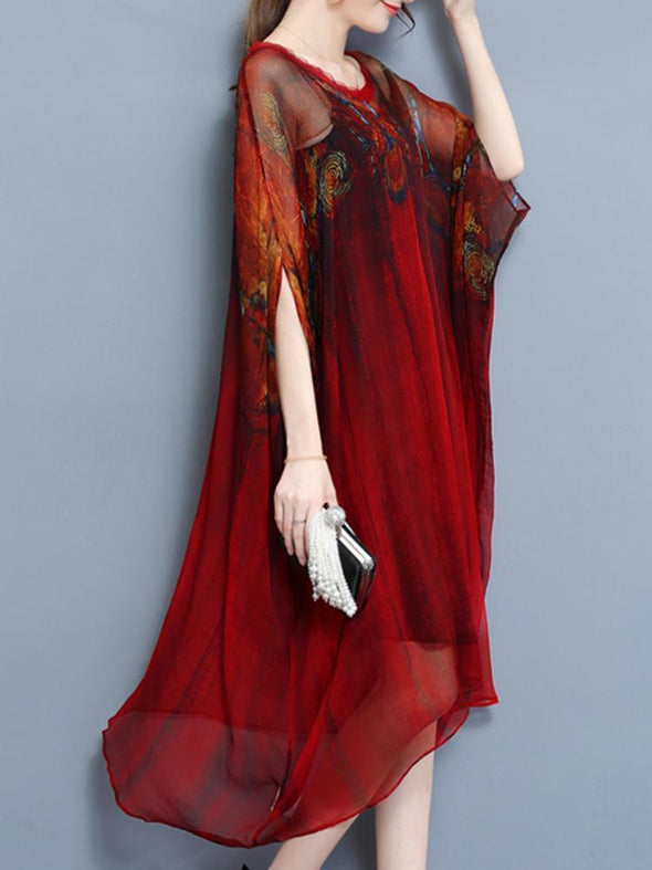 Elegant Two Piece Batwing Sleeve Printed Irregular Hem Dress for Women